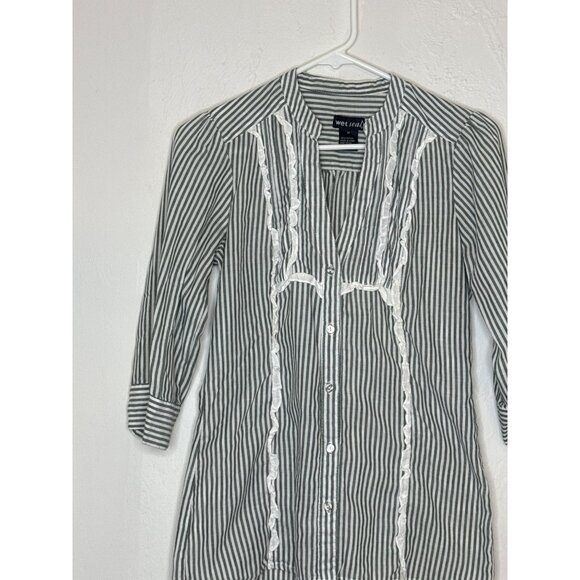 Wet Seal‎ Y2K 100% Cotton 3/4 Sleeve Tie Back Button Front Striped Blouse Gray M - Picture 2 of 6